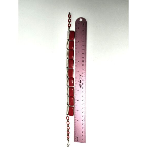 Vintage Lisner Red Thermoset Necklace Silver Tone Retro Statement Choker - Picture 7 of 7